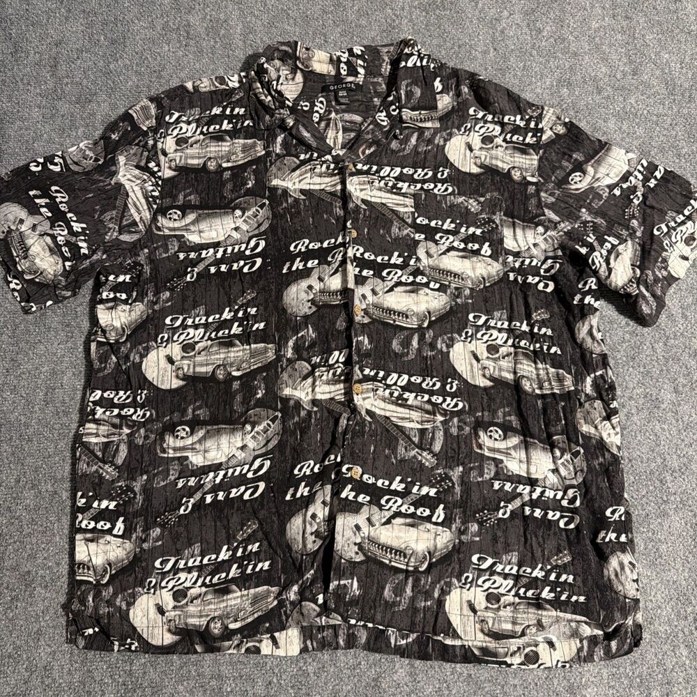 Vtg George Loop Collar 100% Rayon Shirt Mens XL Black Truckin & Pluckin Graphics